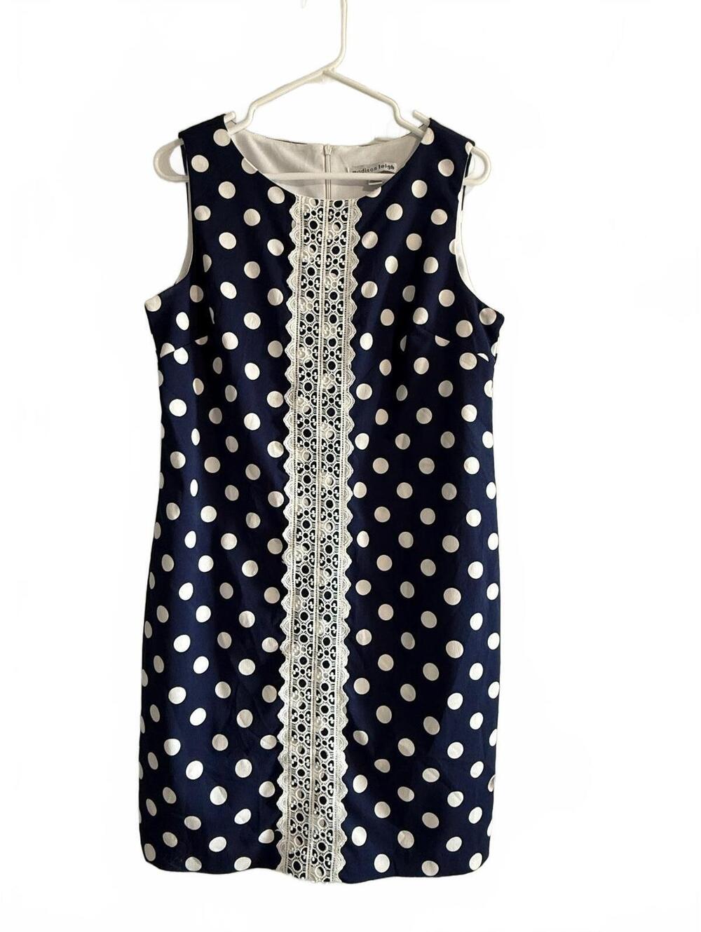 Madison Leigh Womens 12 Navy White Polka Dot Lace Sleeveless Shift Dress